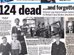 Newspaper front page reports on the 124 men who died during construction of the Welland Canal from 1914 to 1932