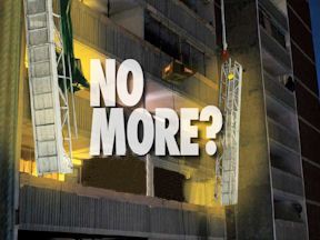 Swing stage platform with the words 'No more?' over top