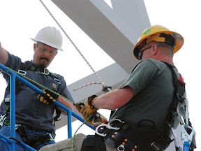 Construction workers wearing fall protection equipment