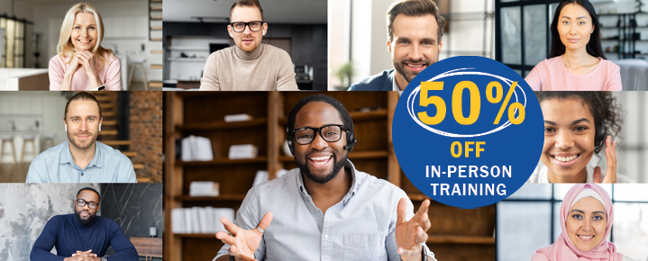 Participants learn about health and safety training registration, while a ‘50% off’ promotion is highlighted.