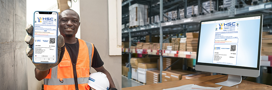 A digital record of training is displayed on a desktop computer and on a mobile device held by a worker. 