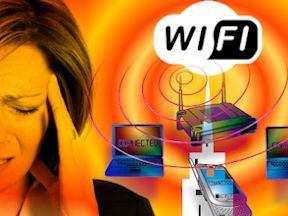 Woman reacting to radiation from wireless devices