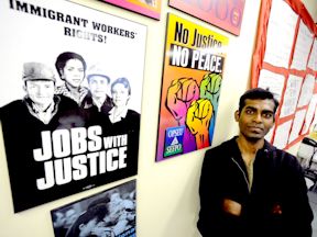 Precarious worker Senthil Thevar inside the Workers Action Centre