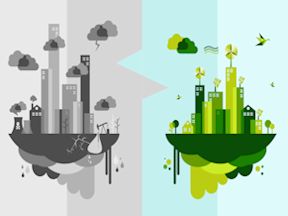 Illustration showing a grey city on the left and a vibrant, green city on the right