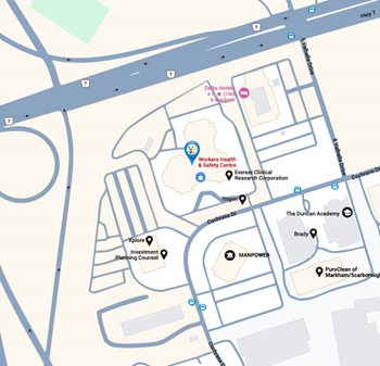 Google Map: Workers Health & Safety Centre, East Tower, 675 Cochrane Dr Suite 710, Markham, ON L3R 0B8